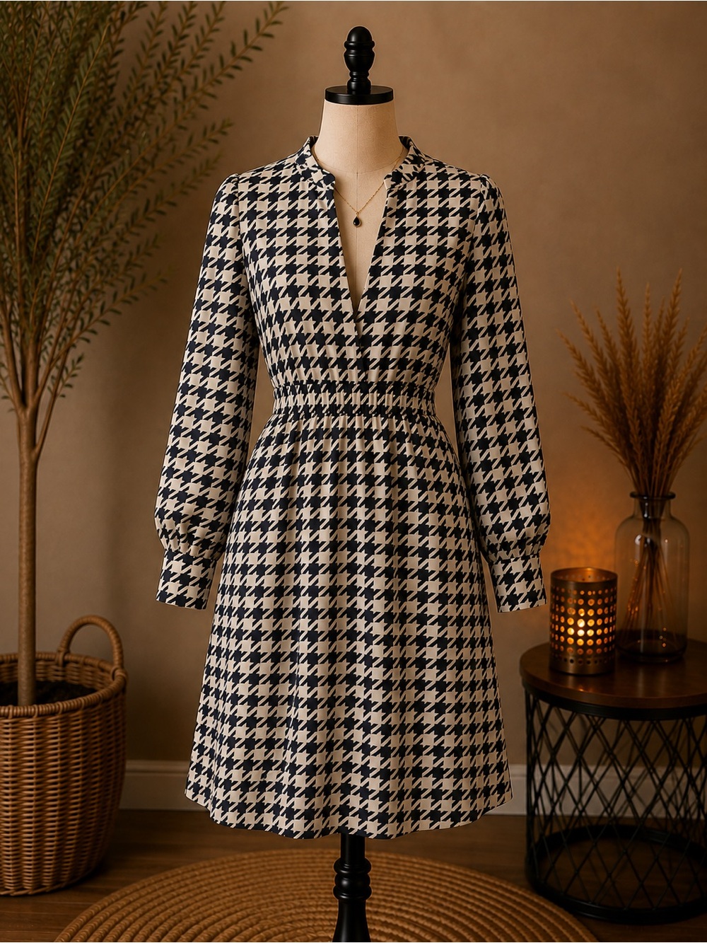 Classic Black and Cream Houndstooth Long-Sleeve Dress